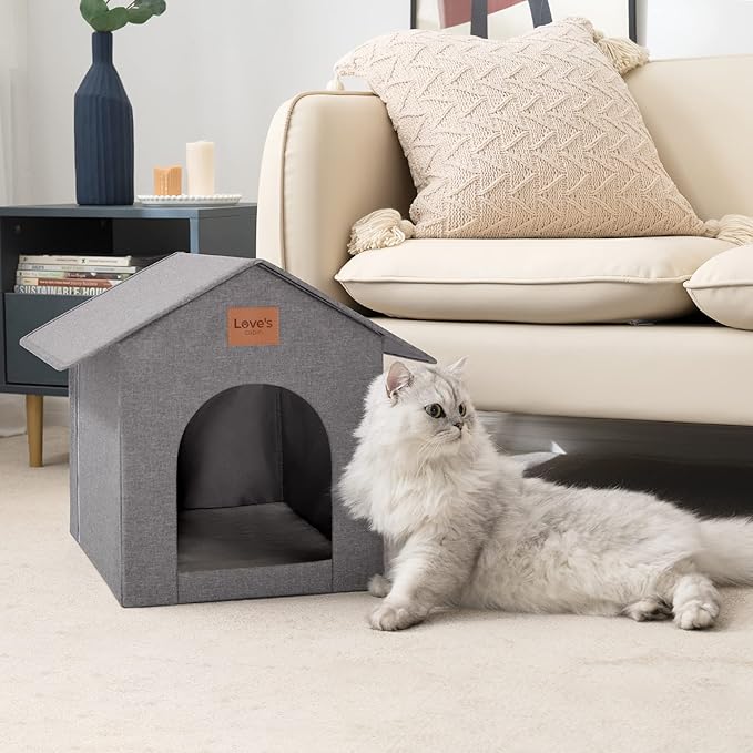 Love's cabin Outdoor Cat House Weatherproof, Insulated Feral Cat House Outdoor for Winter, Waterproof Outside House for Indoor Cats, Shelter with Removable Soft Cushion,Grey