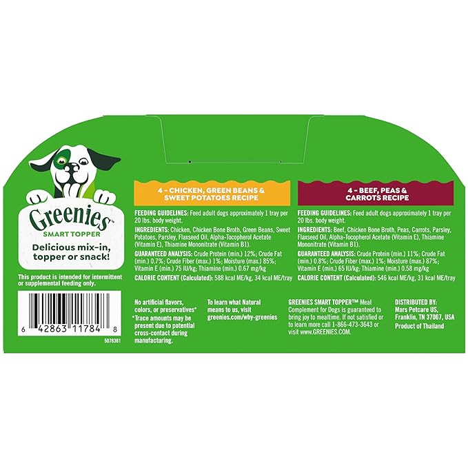 Greenies Smart Topper High Protein Wet Mix-in for Dogs, Chicken, Green Beans, and Sweet Potatoes Recipe & Beef, Peas, and Carrots Recipe Variety Pack, 8 Trays of 2oz.