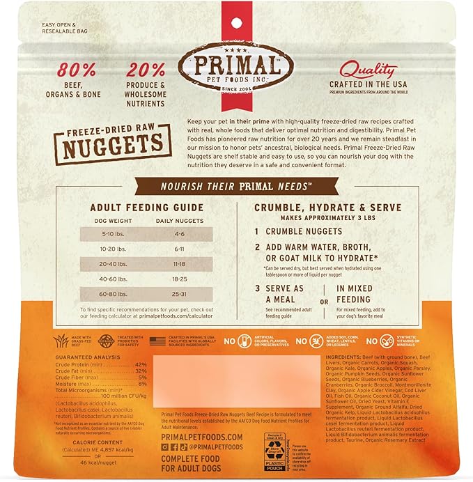 Primal Freeze Dried Raw Dog Food Nuggets, Beef, Complete & Balanced Meal, Also Use as Topper or Treat, Premium, Healthy, Grain Free, High Protein Raw Dog Food, 14 oz