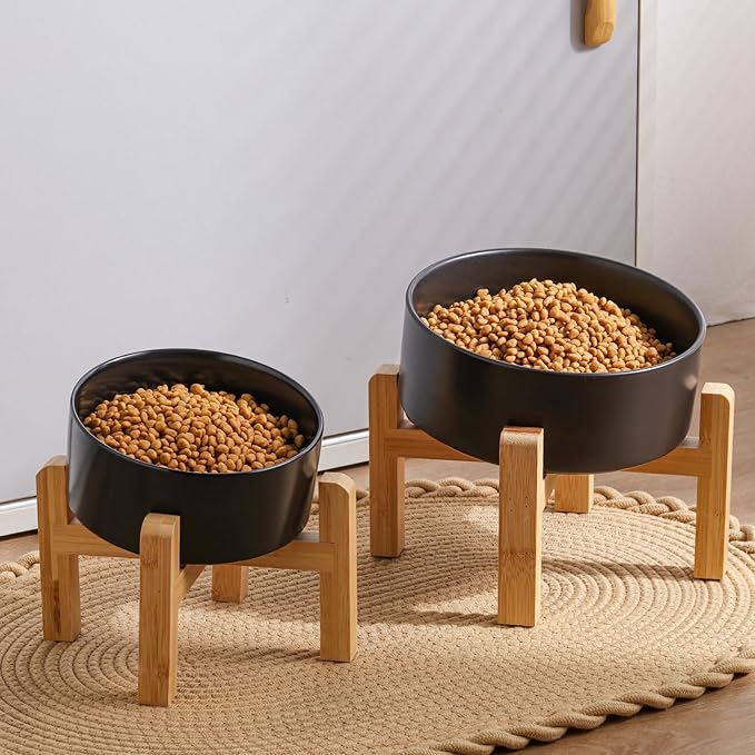 Black Elevated/Raised 15°Tilted Anti Slip Ceramic Dog Bowl for Small/Medium Breeds,Slanted Bulldog Big Face Pet Food Water Feeding Dish with Stand for Cats and Dogs (3.6 Cups/28 OZ)