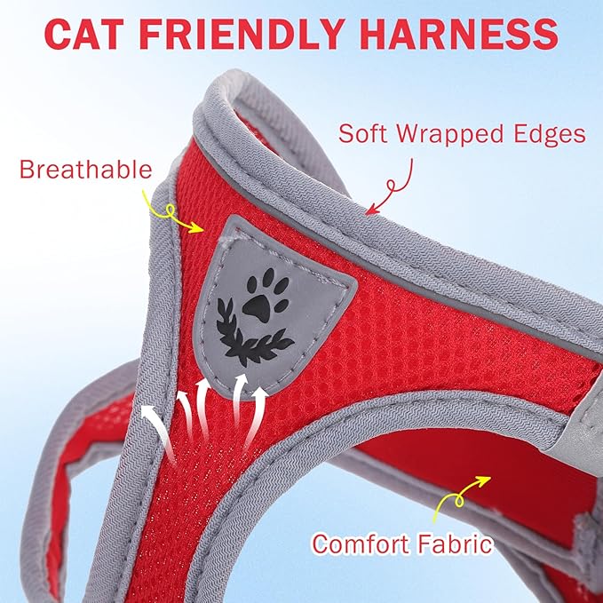 SCENEREAL Cat Harness and Leash Set Escape Proof, Adjustable Soft Air Mesh Kitten Harnesses for Girls Boys Small Medium Big Cats, Reflective Light Travel Pet Walking Vest for Puppy Rabbit, Red XL
