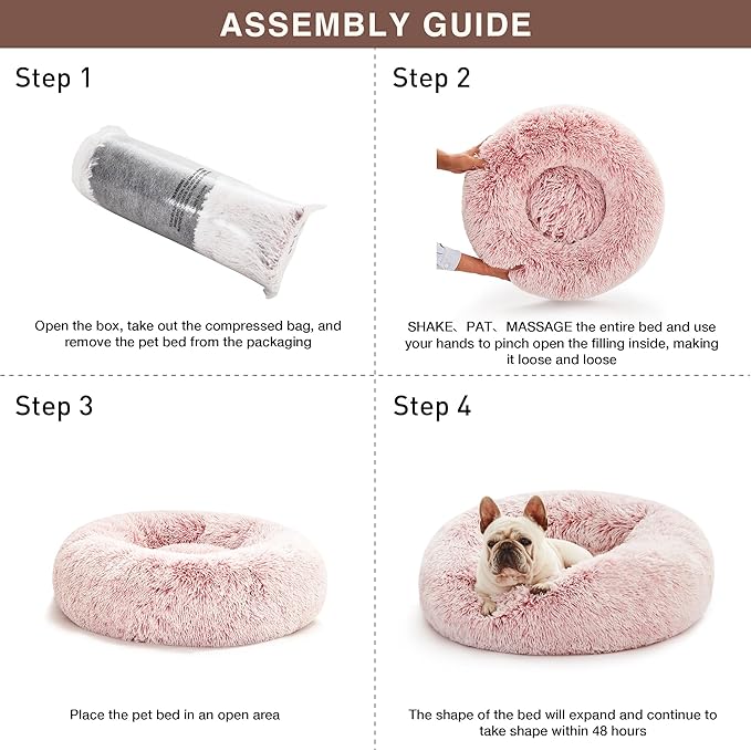 Love's cabin Calming Cat Bed for Indoor Cats,Anti-Anxiety Donut Round Dog Bed,Fluffy Faux Fur Washable Pet Bed for Small Medium Dogs and Cats,Pink,24in