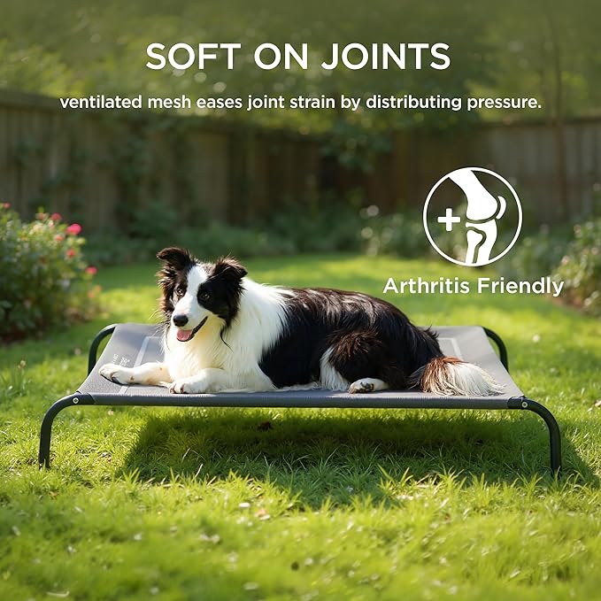 Bedsure Outdoor Elevated Dog Bed Large Sized Dog, Portable Indoor & Outdoor Cooling Raised Cot Pet Hammock Bed with Skid-Resistant Feet, Frame with Breathable Mesh, Black, 49 inches
