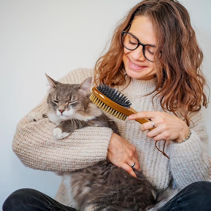 TAKAVU Short Hair Dog & Cat Deshedding Brush - Double Sided Grooming Tool with Silicone Massage & Bristle Sides - Removes Loose Fur & Dirt - Wood Handle