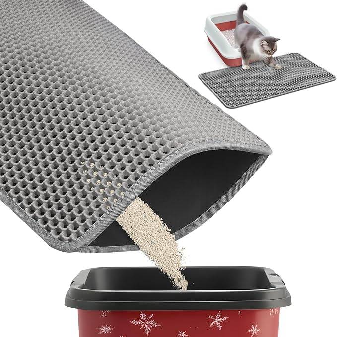 27" x 19" Cat Litter Mat - Large Litter Box Mat with Double Layers, Urine-Proof and Non-Slip Litter Trapping Mat, Easy to Clean Kitty Litter Mats for Floor, Scatter Control, Grey