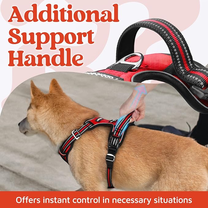 rabbitgoo Dog Harness for Large Dogs, No Pull Pet Vest with 3 Buckles, Adjustable Soft Padded Pet Harness with Easy Control Handle and Reflective Strips, Red, L