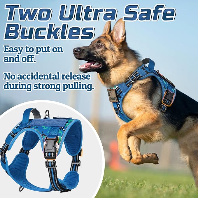 rabbitgoo Tactical Dog Harness for Large Dogs, No Pull Military Service Vest with Handle & Molle, Easy Control for Training Walking, Adjustable Reflective Straps, Blue Camo, XL