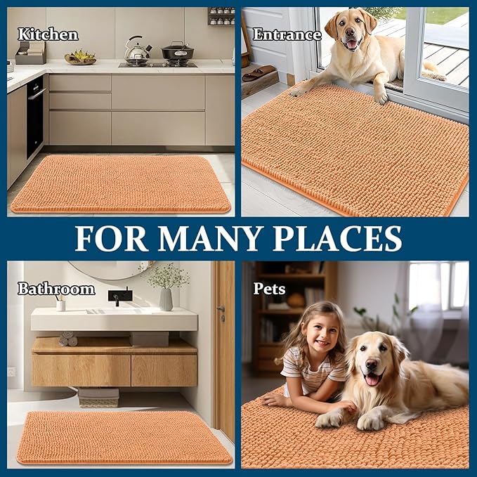 OLANLY Dog Door Mat for Muddy Paws 44x32, Absorbs Moisture and Dirt, Absorbent Non-Slip Washable Doormat, Quick Dry Chenille Mud Mat for Dogs, Entry Indoor Entryway Carpet for Inside Floor, Orange