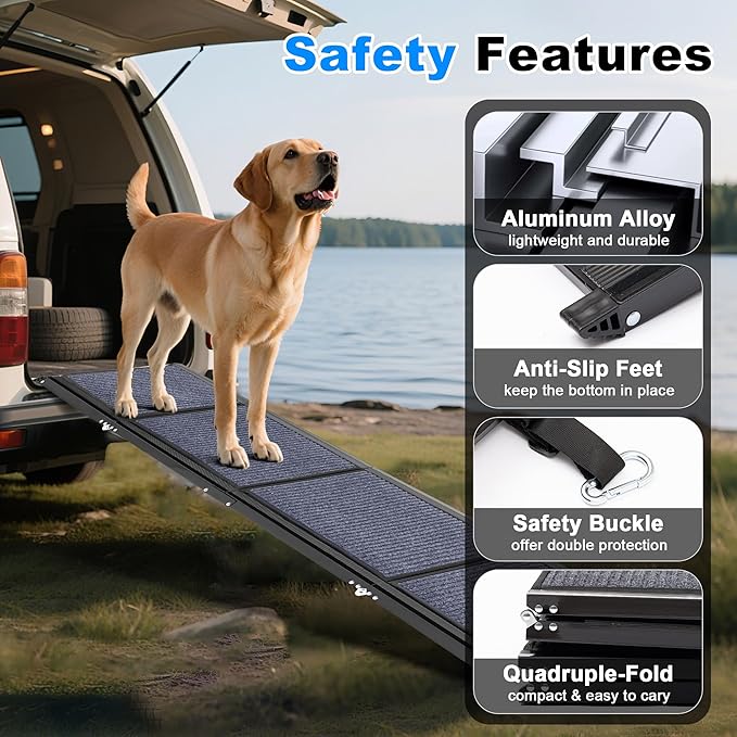 AQUILLA Dog Ramp for Car, 67" Aluminum Foldable Pet Ramp with Anti-Slip Soft Surface, Outdoor Portable Pet Ramp for Old & Medium & Large Dogs Enter Caravans, High Bed, Up to 250LBS (67" L x 17.3" W)