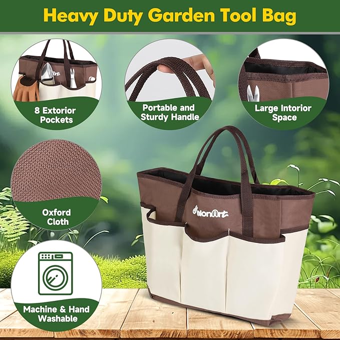 MelonArt Garden Tool Set,10 Pcs Heavy Duty Gardening Hand Tool Kit for Women Aluminum with Non Slip Ergonomic Handle, Storage Tote Bag and Gardening Gloves, Ideal Gifts for Women and Men