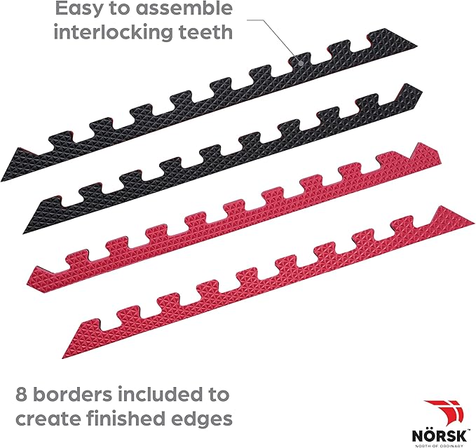 Norsk Reversible Gym Exercise Mats 3/4" Thick EVA Interlocking Foam Tiles, Perfect Home Gym Flooring, 24 Tiles & 48 Trim Pieces, 96 Sq. Ft. Reversible, Red/Black