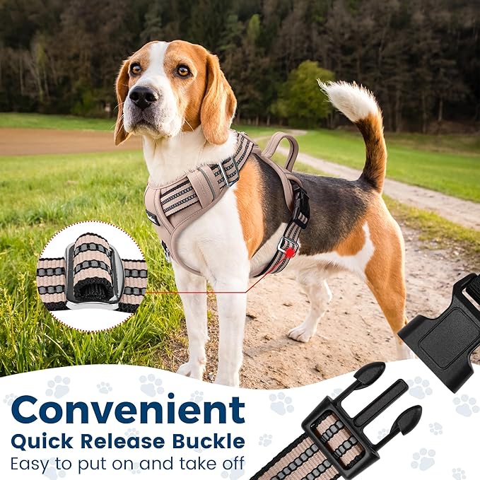 Funfox Dog Harness No Pull, Adjustable Pet Vest Harness, Super Soft Material with Vertical Handle Easy Control, Reflective Night Walking, 2 Leash Clips for Medium Sized Dogs, Brown, M