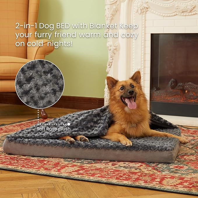 Orthopedic Memory Foam Bed for Large Dogs, Waterproof Cooling Pet Mats for Crate with Removable Washable Cover,Ideal for Arthritic Dogs (Large-35"x 22" x 3", Rose Plush+Blanket)
