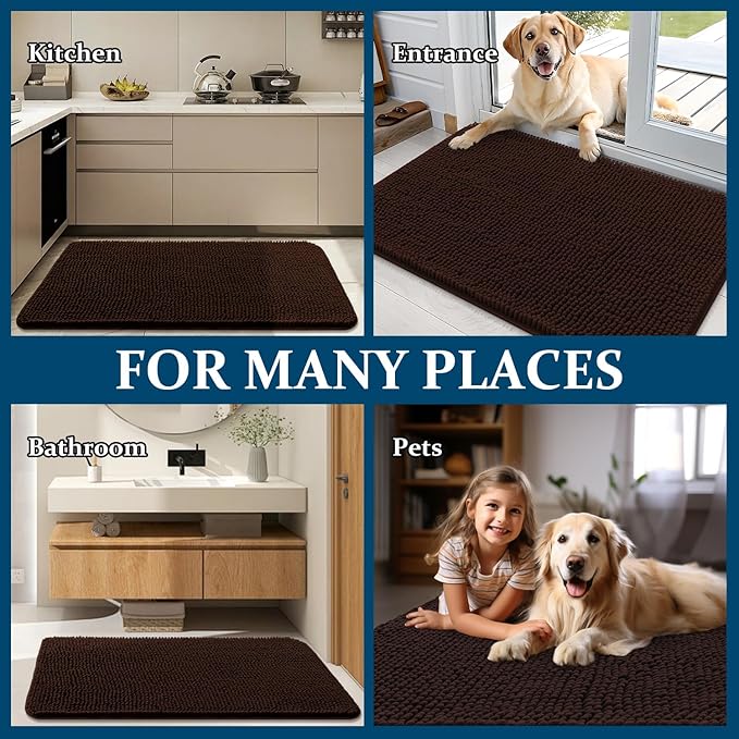 OLANLY Dog Door Mat for Muddy Paws 54x32, Absorbs Moisture and Dirt, Absorbent Non-Slip Washable Doormat, Quick Dry Chenille Mud Mat for Dogs, Entry Indoor Entryway Carpet for Inside Floor, Brown