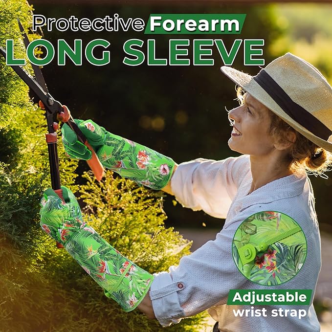 HANDLANDY Women Gardening Gloves, Thorn Proof Breathable Ladies Rose Pruning Long Gauntlet Floral Print Garden Yard Gloves, Gift for Gardeners (Green, S)