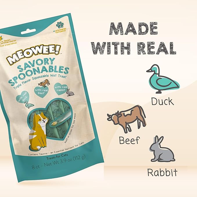 Savory Spoonables with Real Duck, Beef & Rabbit, 8 Count Tube, Triple Flavor Squeezable Lickable Wet Treats for Cats with Built-in Spoon for Less Mess
