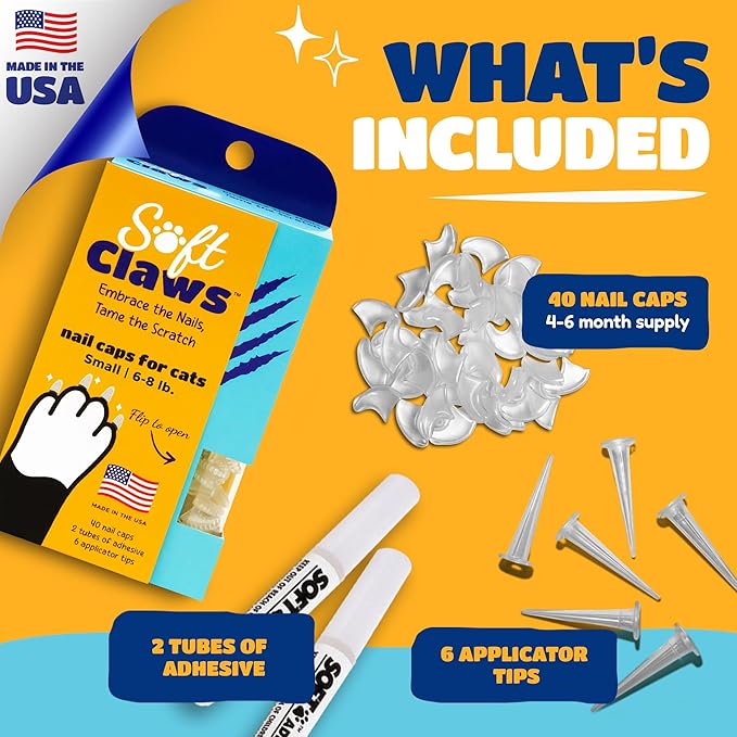 Soft Claws Cat Nail Caps for Small Cats – (40 Caps, Clear) - Made in USA - Veterinarian-Developed | Protects Furniture & Skin - Easy to Apply, Long-Lasting Anti-Scratch Soft Cat Claw Covers