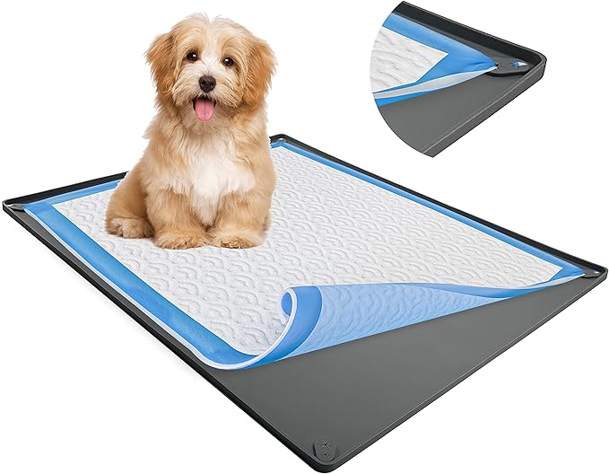 TidyFriend Dog Pee Pad Holder Tray Fits for 28” x 30” Pee Pads with Corner Lock Holes, Raised Edges, Non-Spill, Easy to Clean Silicone Dog Potty Tray Holder, for Indoor Floor Protection (Grey)