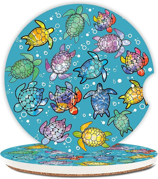 Sea Turtles Ceramic Cup Holders Car Coasters Set for Women/Men,Drink Cup Car Holder Coasters with A Finger Notch 2.56" Pack of 2.