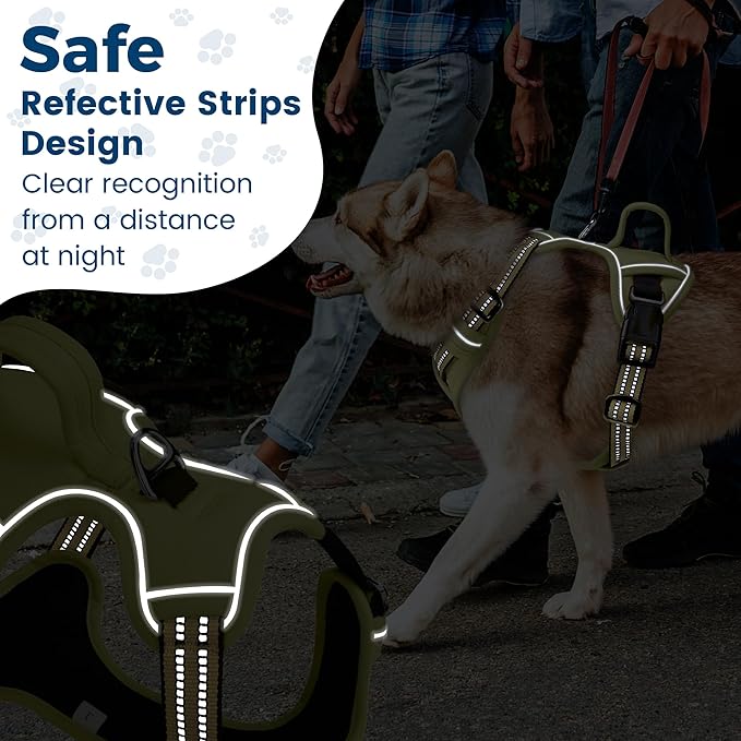 Funfox Dog Harness No Pull, Adjustable Pet Vest Harness, Super Soft Material with Vertical Handle Easy Control, Reflective Night Walking, 2 Leash Clips for Small Sized Dogs, Army Green, S