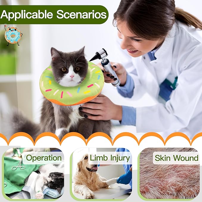 Cat Cone Collar Soft, Cute Cat Donut Collar After Surgery, Adjustable Kitten Recovery Cones to Stop Licking, Lightweight Neck Elizabethan Collars for Cats Kittens (Green, Medium)
