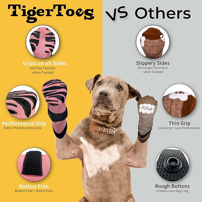 DOK TigerToes Premium Non-Slip Dog Socks for Hardwood Floors - Extra-Thick Grip That Works Even When Twisted - Prevents Licking, Slipping, and Great for Dog Paw Protection (Sassy Pink, X-Small)
