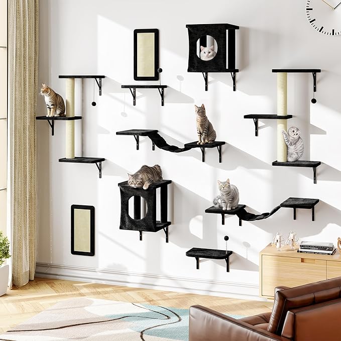 NUNU LAB Cat Wall Shelves, 10-in-1 Wall-Mounted Cat Furniture Set, Large Cat Climber Set with House, Bridge, Steps, Scratcher, DIY Playground, Shelves for Indoor Wall Furniture Set - Black