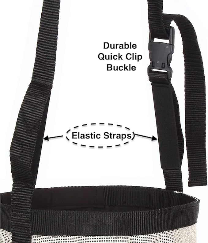 Majestic Ally Horse Feed Bag, Heavy Duty Nylon Mesh Grain Feed Bag, Adjustable Strap with Durable Snap and Elastic Straps, Comfort Neck Pad and Nose Pad- Large (Full, Beige)