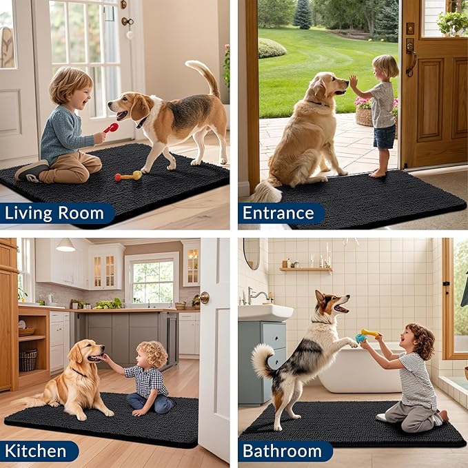 Smiry Dog Door Mat for Muddy Paws 47x24, Absorbs Moisture and Dirt Doormat, Non-Slip Washable Quick Dry Chenille Front Door Mat Indoor Entrance, Entryway Carpet for Inside Floor, Black