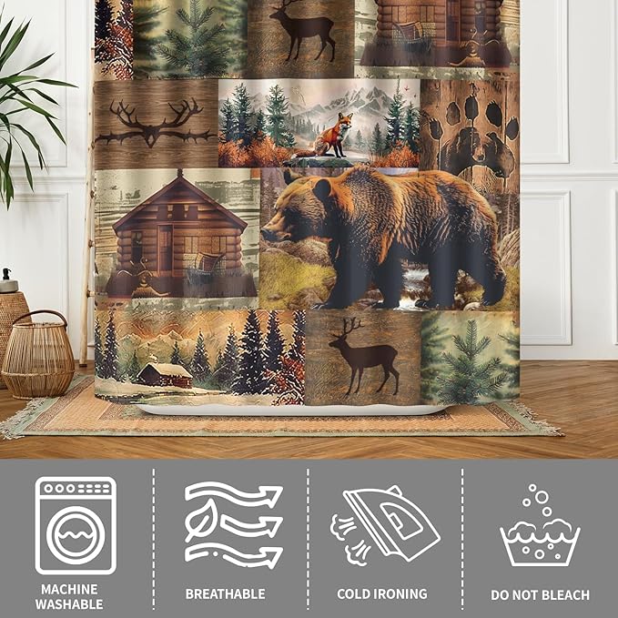 Rustic Bear Shower Curtain for Bathroom 72x72 Inches,Wood Cabin Bear Moose Forest Hunting Lodge Waterproof Polyester Fabric Bathroom Curtains with Hooks Home Hotel Bathtub Decor