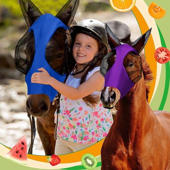 Frienda 4 Pcs Horse Fly Masks with Ears Head Fly Masks for Horses Smooth Elastic UV Protection Cover from Summer Insect Pests(Large,Purple, Blue, Pink, Black)