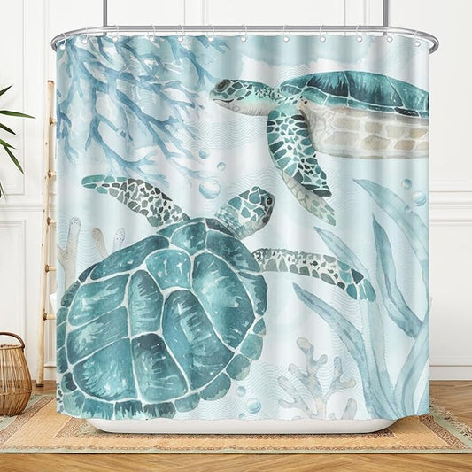 Sea Turtle Shower Curtain for Bathroom 72x72 Inch,Summer Coastal Teal Blue Ocean Animal Water Repellent Polyester Fabric Bathroom Curtains with Hooks for Home Hotel Bathtub Decor