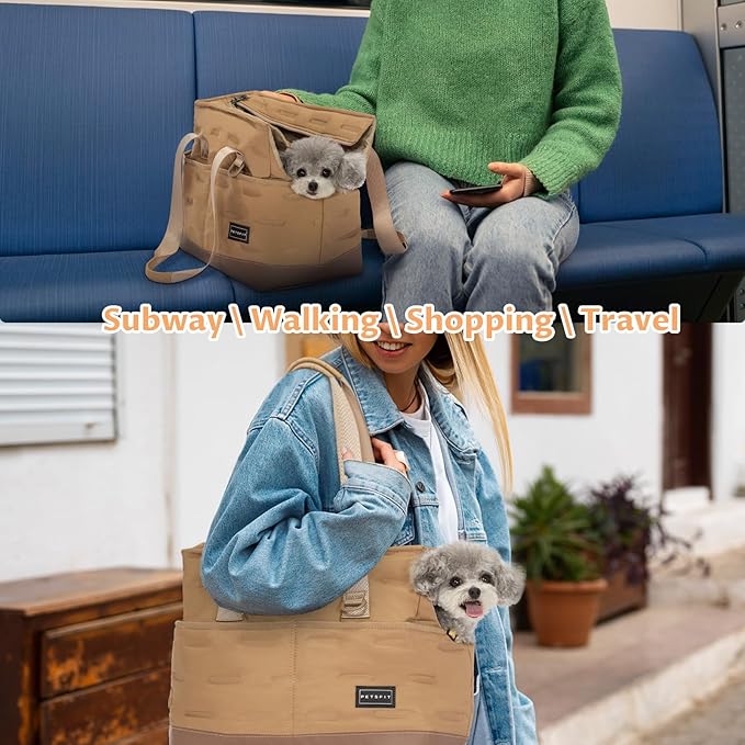 Petsfit Small Dog Carrier Purse, Portable Pet Carrier Tote Cat Carrier with Pockets, Adjustable Safety Leash, Poop Dispenser, Waterproof TPU Bottom,Khaki