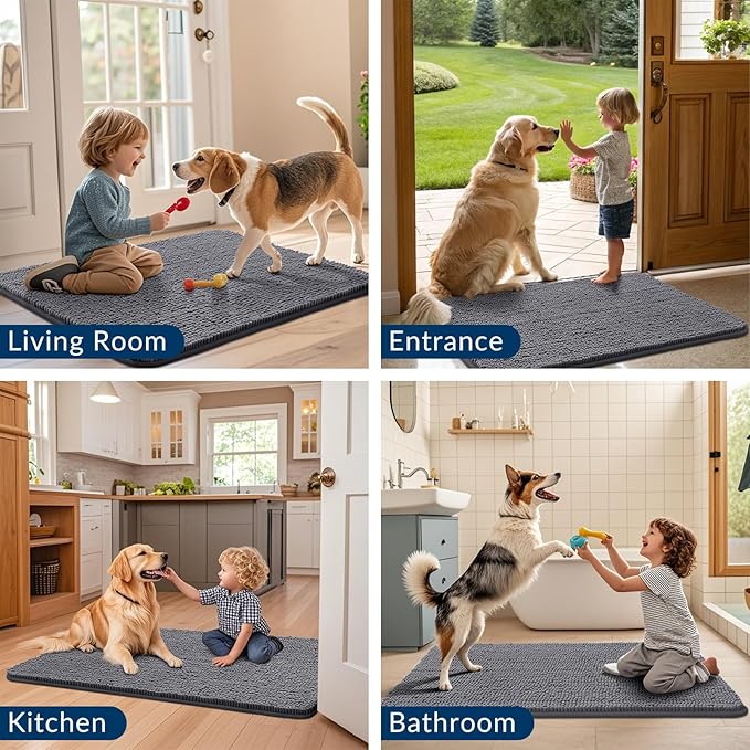 Smiry Dog Door Mat for Muddy Paws 30x20, Absorbs Moisture and Dirt Doormat, Non-Slip Washable Quick Dry Chenille Front Door Mat Indoor Entrance, Entryway Carpet for Inside Floor, Dark Grey