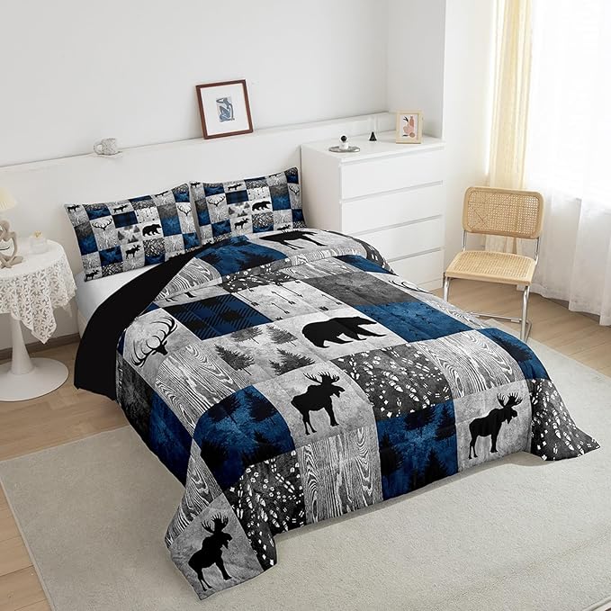 Rustic Bear Bedding Set King Size,Farmhouse Moose Elk Deer Comforter Sets Cabin Lodge Decor,Hunting Animal Quilt Set,Blue Grey Buffalo Plaid Check Patchwork Down Comforter with 2 Pillowcases