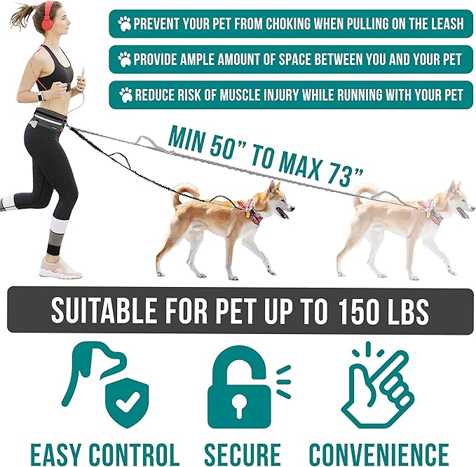 PetAmi Hands Free Dog Leash, Dog Running Leash Belt for Walking, Jogging, Dog Waist Zipper Pouch with Poop Bag Dispenser, Dual Padded Handles, Reflective Durable Bungee Leash, Single, Charcoal Grey