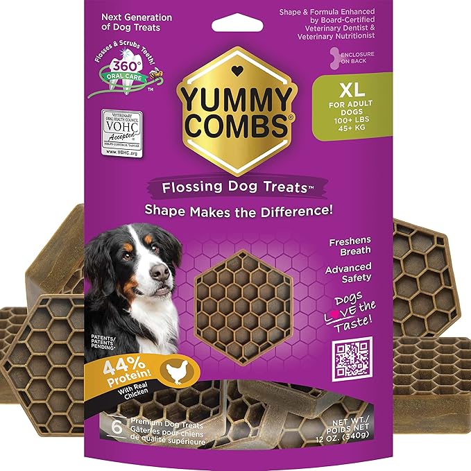 Dog Dental Treats – Vet VOHC Approved – Delicious Chicken Protein – Removes Tartar with Cleaning Comb Shape – Dental Dog Treats for Extra Large Dogs (12oz, 6 Count)