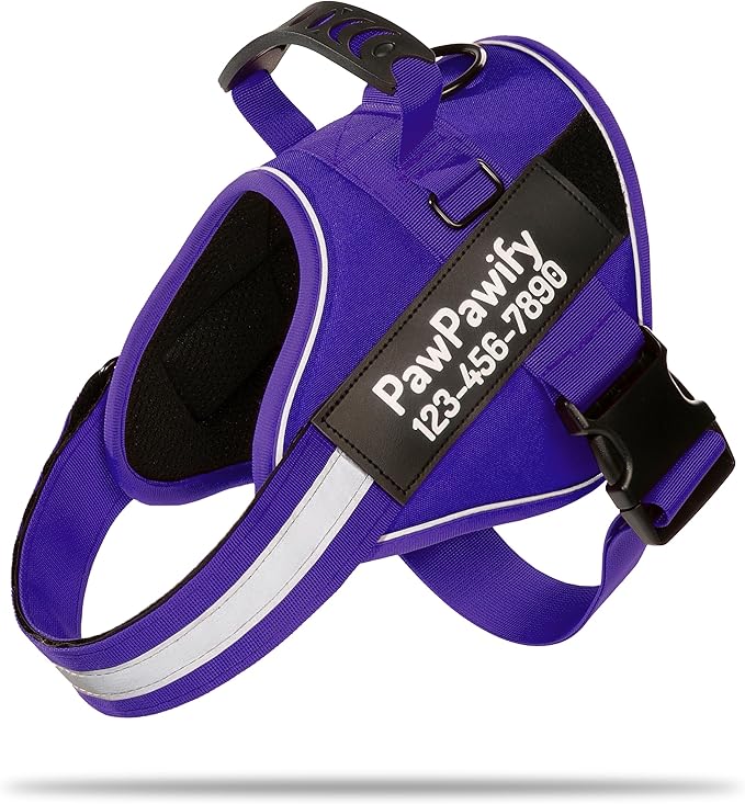 PawPawify Custom No Pull Dog Harness with Name and Phone Number, Heavy Duty Personalized Pet Vest to Prevent Tugging, Pulling, or Choking, Training and Walking (New Purple, L (40-60 LBS))