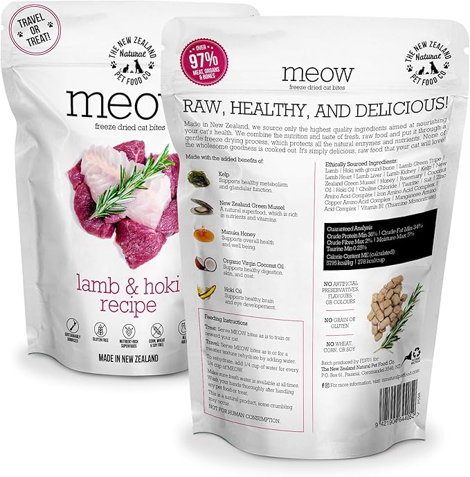 Meow Freeze Dried Cat Food - Lamb & Hoki Recipe, High Protein Cat Treats, Meals & Toppers, Dry Cat Food,1.76 oz