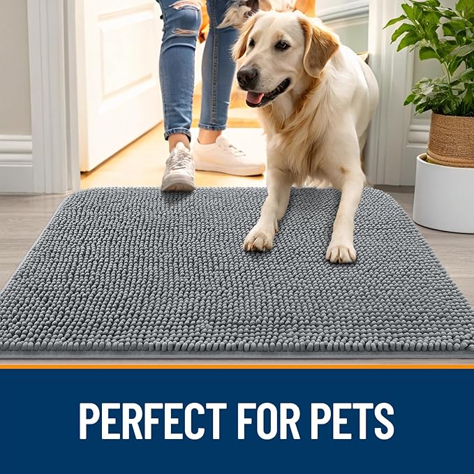 OLANLY Dog Door Mat for Muddy Paws 47x32, Absorbs Moisture and Dirt, Absorbent Non-Slip Washable Doormat, Quick Dry Chenille Mud Mat for Dogs, Entry Indoor Entryway Carpet for Inside Floor, Grey