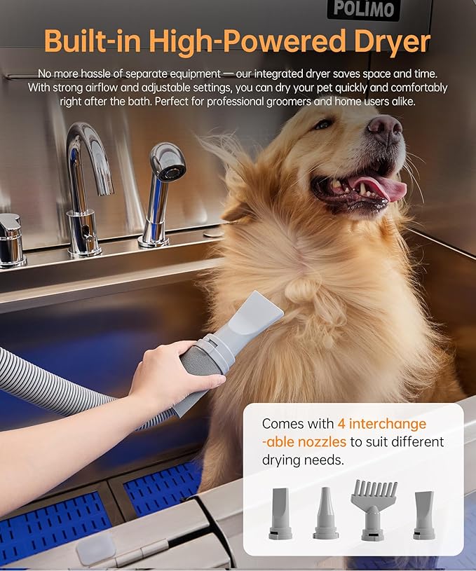 polimo Dog Wash Station with Pet Dryer & LED, Professional Dog Bathing Station for Large, Medium & Small Dogs – with Window, Ramp, Drawer, Floor Grate, LED Display & Faucet (Left RAMP & Dryer, 50")