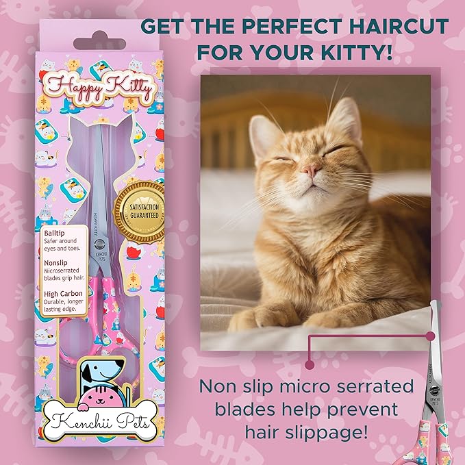 Kenchii Happy Kitty Ball Tip Shears Trimming Scissors for Cats | Pet Grooming Kitten Essentials | Stainless Steel Safety Blunt Tip Scissors | 6.5 In