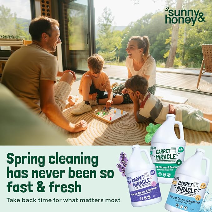 Sunny & Honey Carpet Cleaner Solution - 128 Fl Oz, Spring Mint Scent - Carpet Shampoo & Pet Stain Remover for Upholstery & Rugs, Works With Steam Cleaners