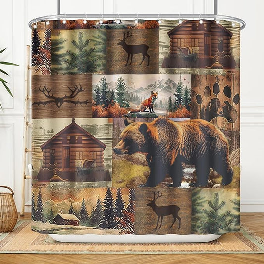 Rustic Bear Shower Curtain for Bathroom 72x72 Inches,Wood Cabin Bear Moose Forest Hunting Lodge Waterproof Polyester Fabric Bathroom Curtains with Hooks Home Hotel Bathtub Decor