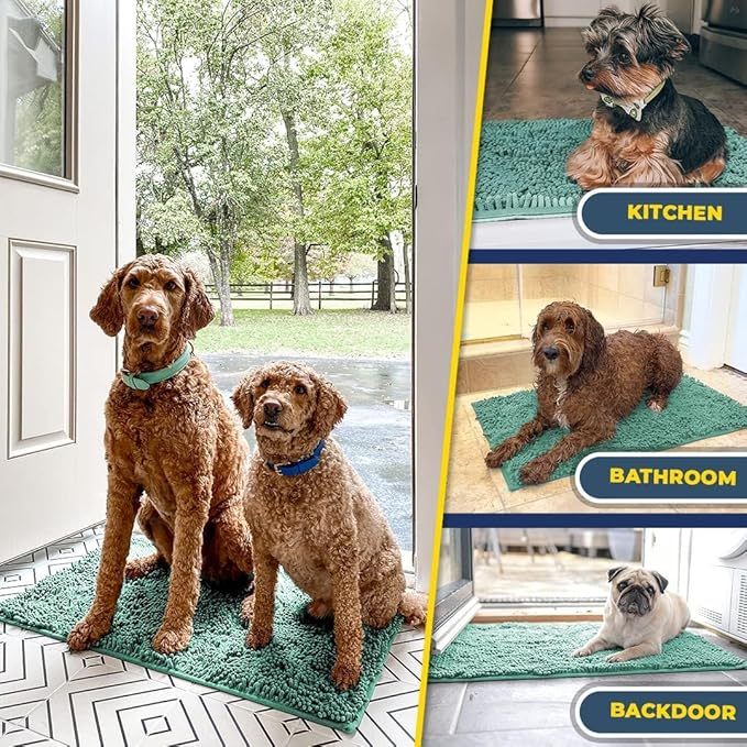 Muddy Mat® Pack of 3 Highly Absorbent Microfiber Dog Door Mat and Pet Rug, Non Slip Thick Washable Area Mat Soft Chenille for Kitchen Bathroom Bedroom and Outdoor - Sea Green Small, Medium & Large