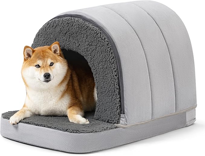 Orthopedic Dog Bed House - Dog House Indoor with Egg-Crate Foam - Tent Bed with Waterproof Lining & Nonskid Bottom, Ideal for Medium Breeds & Fits 30-Inch Crate - 29"x18", Charcoal