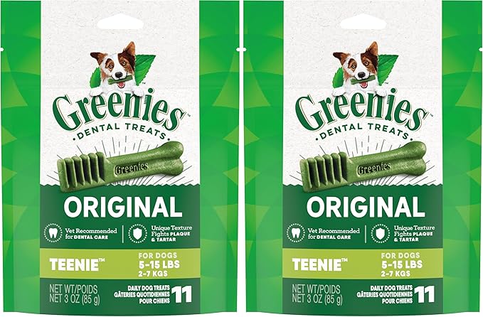 Greenies Original Teenie Natural Dental Care Dog Treats, 3 oz. Pack (11 Treats) (Pack of 2)