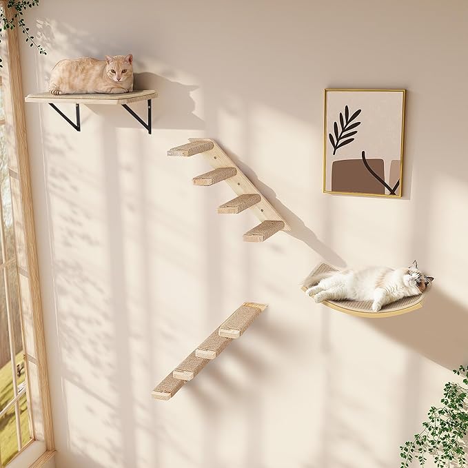 Cat Wall Shelves Set with Sisal Cats Window Perch, 4 Piece Wood Climbing Furniture with Curved Sisal Bed, Flat Shelf & Two Wall-Mounted 4 Steps Cat Stairs