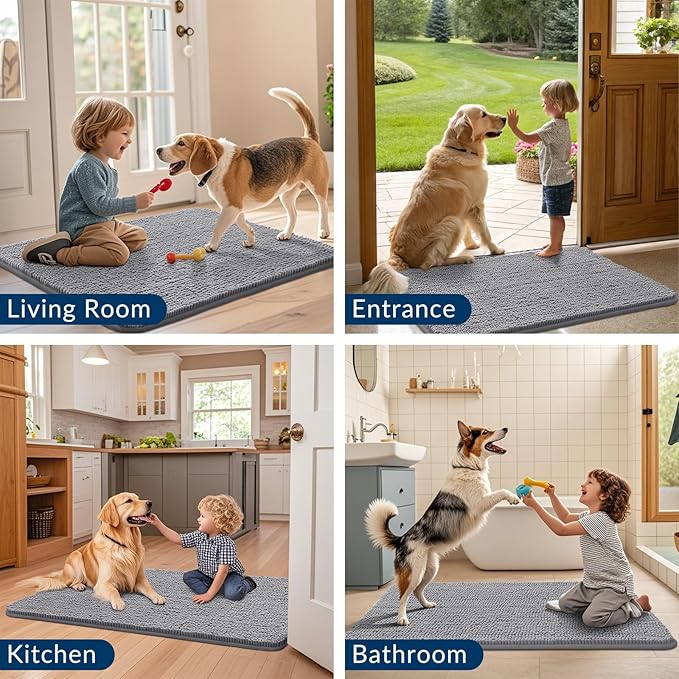 Smiry Dog Door Mat for Muddy Paws 47x17, Absorbs Moisture and Dirt Doormat, Non-Slip Washable Quick Dry Chenille Front Door Mat Indoor Entrance, Entryway Carpet for Inside Floor, Grey