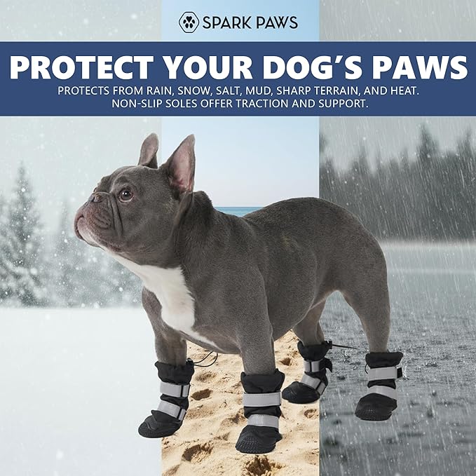 Spark Paws Dog Shoes, Waterproof Dog Boots for Medium to Large Dogs, Non Slip, Breathable Dog Booties and Paw Protectors - 4PCS Doggie Hiking Boots with Reflective Straps - Black, Size 1